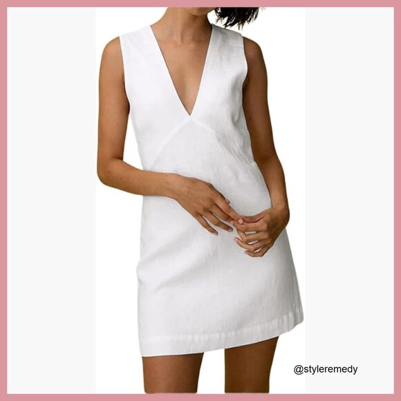 Dresses & Skirts - Cotton Linen Sleeveless Mini Dress V Neck Cinched A Line Slim Fit